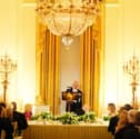 King Charles III gives a speech at the State Dinner for the King and Queen Camilla, at the White House in Washington DC
