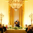 King Charles III gives a speech at the State Dinner for the King and Queen Camilla, at the White House in Washington DC