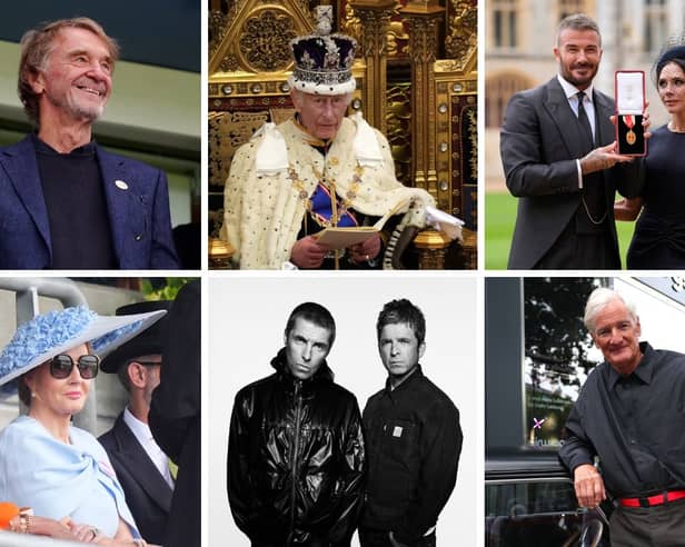 The Sunday Times Rich List has revealed the wealthiest individuals and families in the UK. Left to right: Top: Sir Jim Ratcliffe, King Charles, David and Victoria Beckham. Bottom: J K Rowling, Liam and Noel Gallagher, Sir James Dyson.