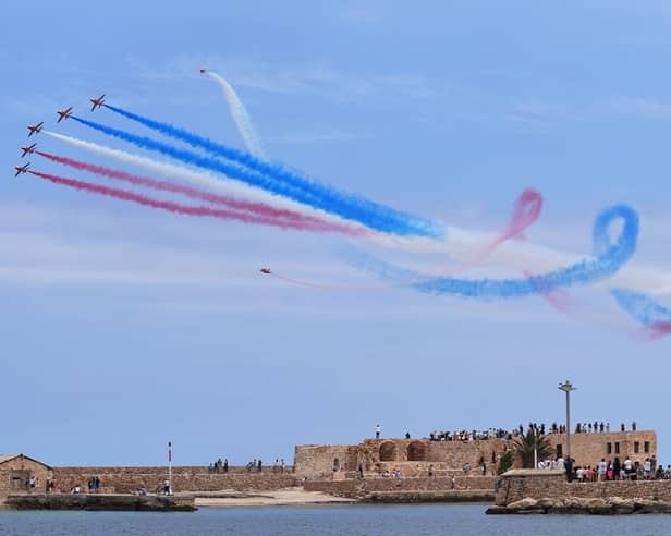 The Red Arrows performing at the Civic Flag Parade and Royal Air Force display commemorating the 85th Anniversary of the Battle of Crete at Chania Harbour