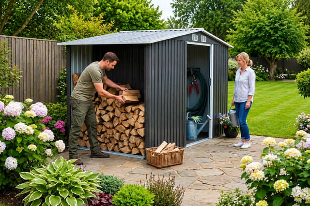 The spacious metal garden shed combines secure tool storage with a dedicated section for keeping logs dry and organised