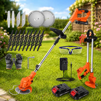 The LIVENTO cordless strimmer includes interchangeable blades and two rechargeable batteries for tackling lawns and overgrown borders