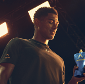 England midfielder Jude Bellingham with Lucozade Elite, a new high-carbohydrate fuelling pouch developed exclusively for England teams