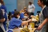 A student receiving an injection in the sports hall at the University of Kent in Canterbury after an outbreak of meningitis on the campus