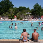 Swimmers keep cool during May's heatwave in the open-air pool at Letchworth Lido in Letchworth Garden City,  Hertfordshire