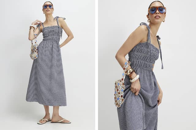 River Island's navy gingham midi dress offers a high street take on Kate Middleton's latest royal outfit