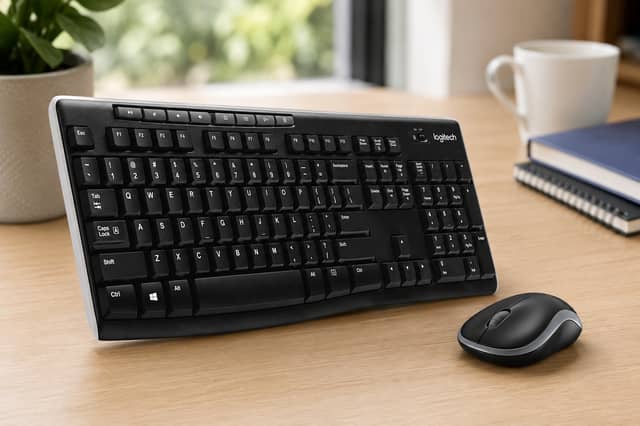 The Logitech MK270 bundle includes a full-size UK QWERTY keyboard, number pad and compact wireless mouse