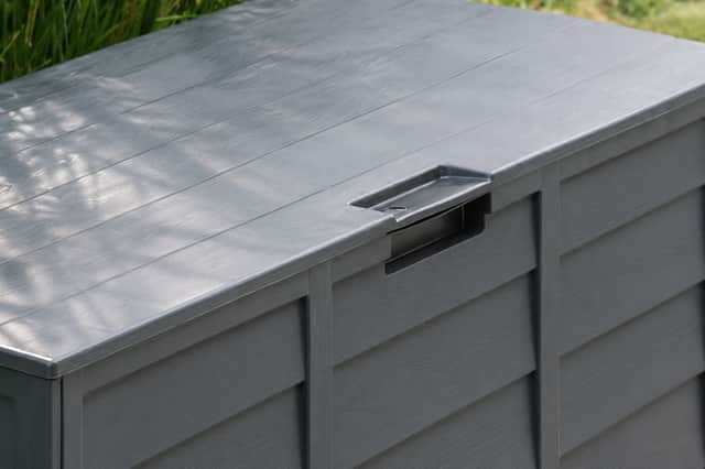 The box shuts securely and has a slot for a pad lock