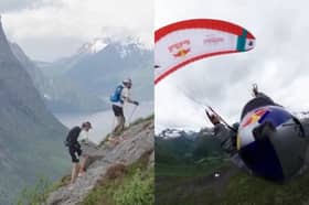 Aaron Durogati hiked up Slogen Mountain in Norway 18 times - paragliding down each time.