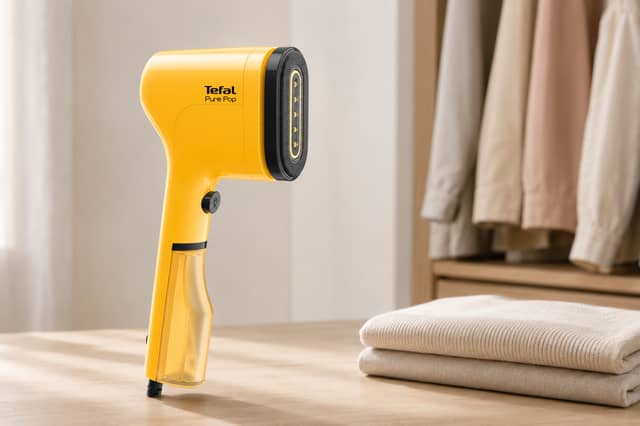 The yellow Tefal Pure Pop clothes steamer is reduced from £49.99 to £23.98 at Amazon