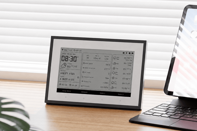 The weather display is customisable, and constantly updated