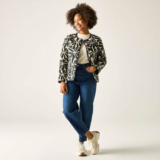 The Regatta Mira jacket adds cosy warmth without the bulk of a heavier winter coat. Pictured is the Abstract Floral Beige pattern.
