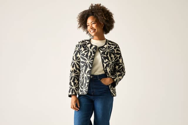 The Regatta Mira jacket adds cosy warmth without the bulk of a heavier winter coat. Pictured is the Abstract Floral Beige pattern.