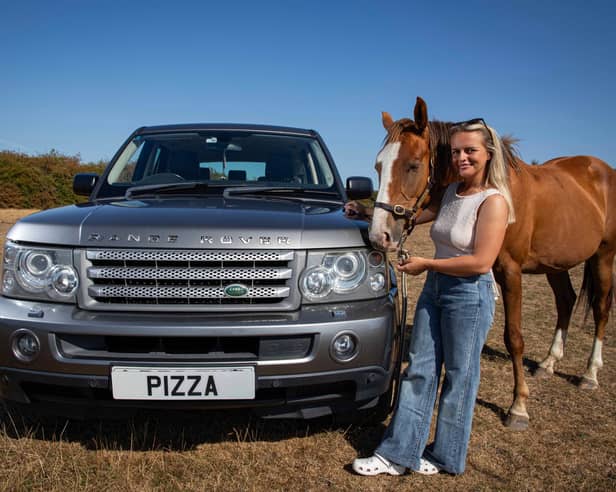 Alicia Moss with her new car and her pony. 