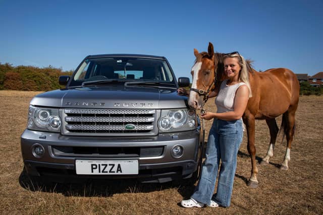 Alicia Moss with her new car and her pony.