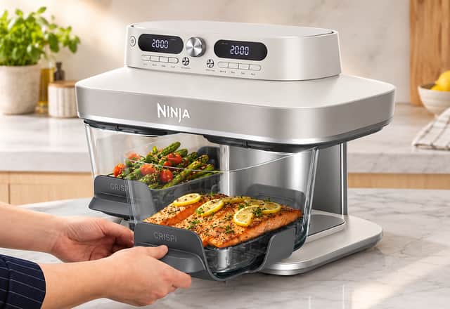 The Ninja CRISPi Dual Zone Air Fryer combines two glass cooking containers with independent settings, making it easy to prepare different dishes at the same time.