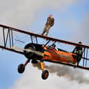 Army veteran Donald Harrison, 94, completed a 120mph wing walk at Sleap Airfield in Shropshire to raise money for charity.