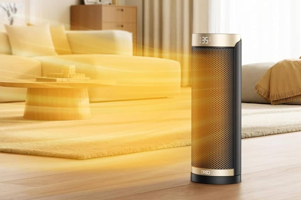 The Dreo 2000W portable space heater features 70-degree oscillation, a thermostat and remote control