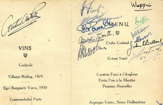 The rare “Damn Busters” victory dinner menu, signed by Dambusters commander Guy Gibson, sold for £4,000 at auction.
