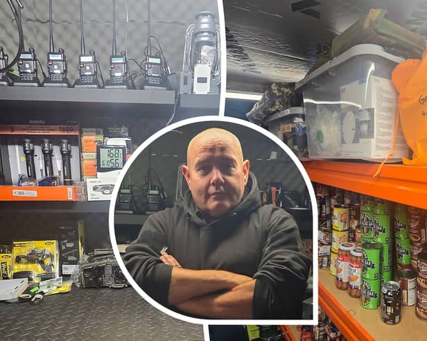 Dad-of-three Brian Forbes has spent £6,000 preparing for disaster this year, stocking his specially equipped garden shelter with food, power banks, radios and night vision goggles.