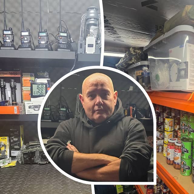 Dad-of-three Brian Forbes has spent £6,000 preparing for disaster this year, stocking his specially equipped garden shelter with food, power banks, radios and night vision goggles.