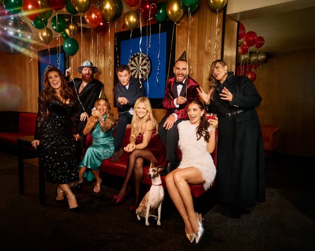 Debenhams Christmas advert 2026: Left to right back row: Kym Marsh, Jay Beech, Mathew Horne, Mark Hayes and Gabrielle. Front row left to right: Sammi Maria, Emily Atack and Saffron Barker.