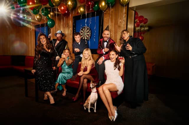 Debenhams Christmas advert 2026: Left to right back row: Kym Marsh, Jay Beech, Mathew Horne, Mark Hayes and Gabrielle. Front row left to right: Sammi Maria, Emily Atack and Saffron Barker.