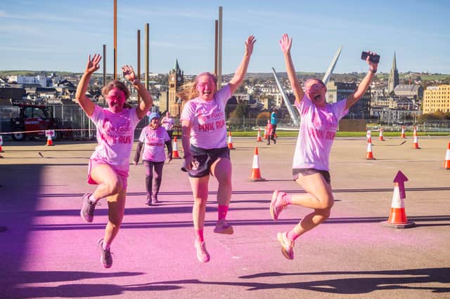 Jumping for joy at the Foyle Pink Run!
