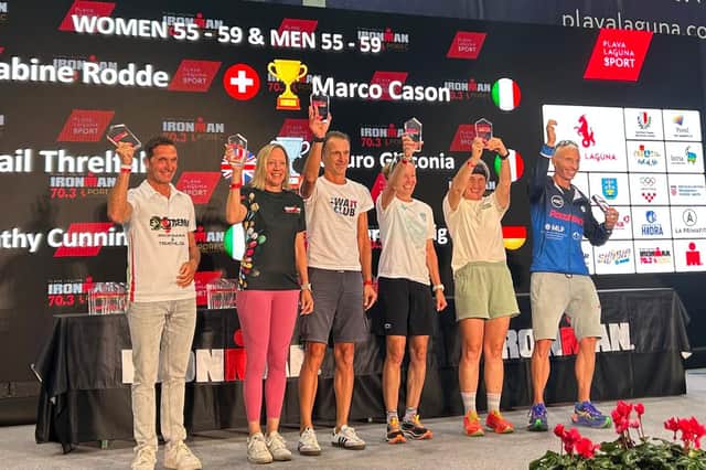 Cathy Cunningham on the podium following the IRONMAN 70.3 POREC in Croatia.