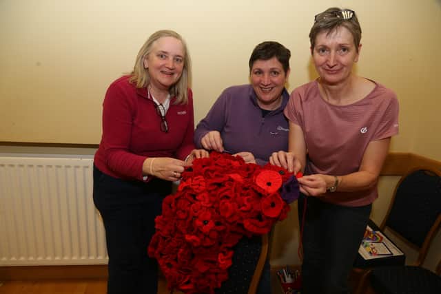 Sisters Ann and Dorothy Crawford and Heather Stuart, sewing hand made poppies onto a horse's saddle during preparation for the Festival of Poppies in Newtownstewart Presbyterian Church. AN442826