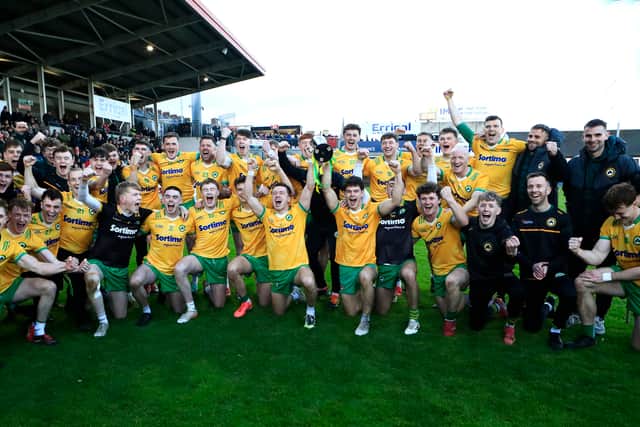 Desertmartin’s players celebrate their victory against Greenlough in the McFeely Group Derry Club Intermediate Championship final held in Celtic Park, on Sunday.
