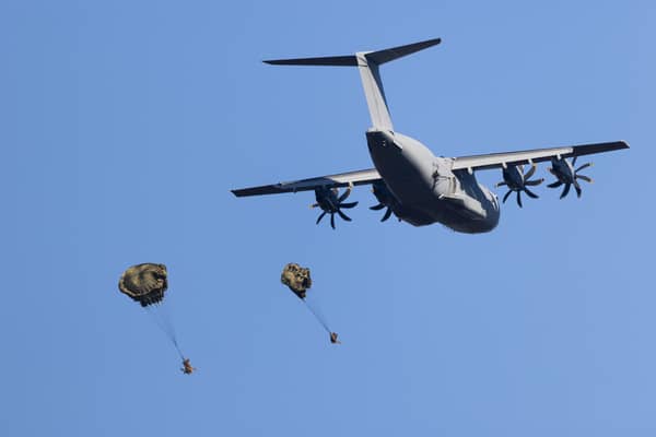 French and British Paratroopers jump from RAF A400’s as part of Exercise RHINO TITAN. 