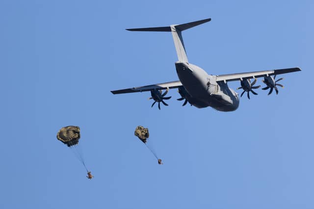 French and British Paratroopers jump from RAF A400’s as part of Exercise RHINO TITAN.