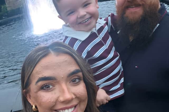 Laura Kelly with son Freddie and fiance Mark.