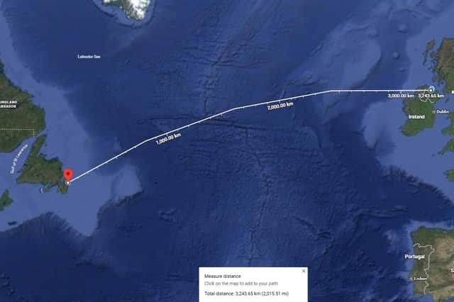 Map showing journey from Newfoundland to Ireland.