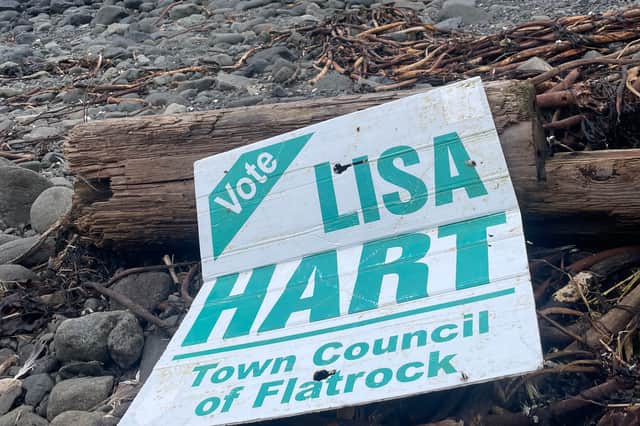 Lisa Hart's election poster where it was found on Bushfoot beach. 2643-AM-001