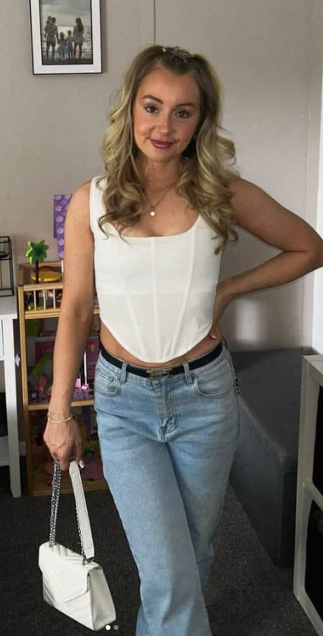 Festive fever: Mum Chelsea White spent around £25 decorating for her Christmas-mad daughter, complete with tinsel, baubles, presents and an inflatable Santa.
