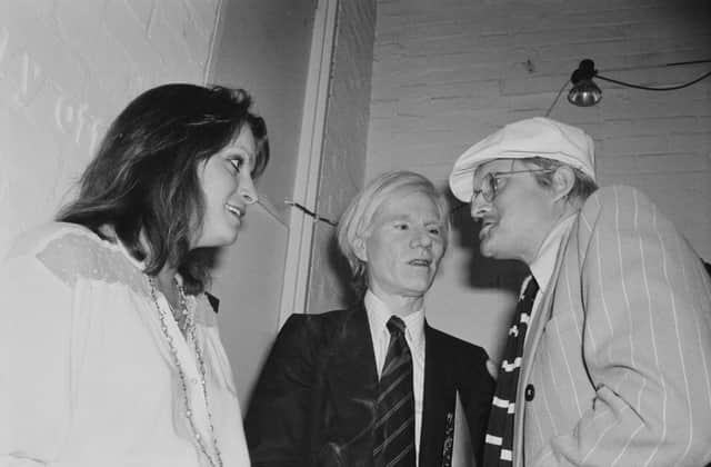 British actress Anne Lambton, American artist, director and producer Andy Warhol, and English painter and artist David Hockney, UK, 23rd June 1978. (Photo by Evening Standard/Hulton Archive/Getty Images)