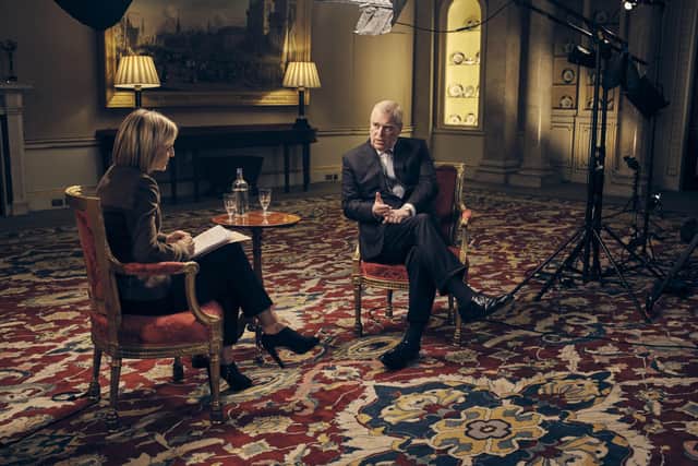BBC handout file photo showing Prince Andrew speaking about his links to Jeffrey Epstein in an interview with BBC Newsnight's Emily Maitlis.