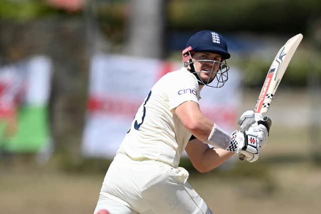 England’s Alex Lees bats against the West Indies President’s XI in Antigua. Picture: Gareth Copley/Getty Images