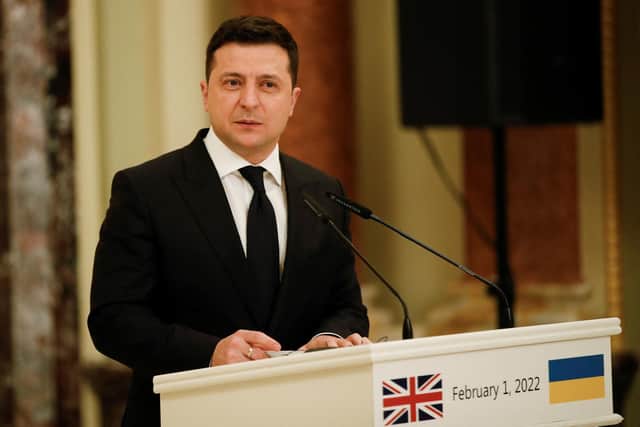 Ukrainian president Volodymyr Zelensky is to address MPs this afternoon. 
He is pictured in February at a press conference before the start of the Russian invasion following crisis talks with Prime Minister Boris Johnson.