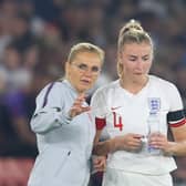 England Women head coach Sarina Wiegman directs Leah Williamson. Pic: Catherine Ivill.