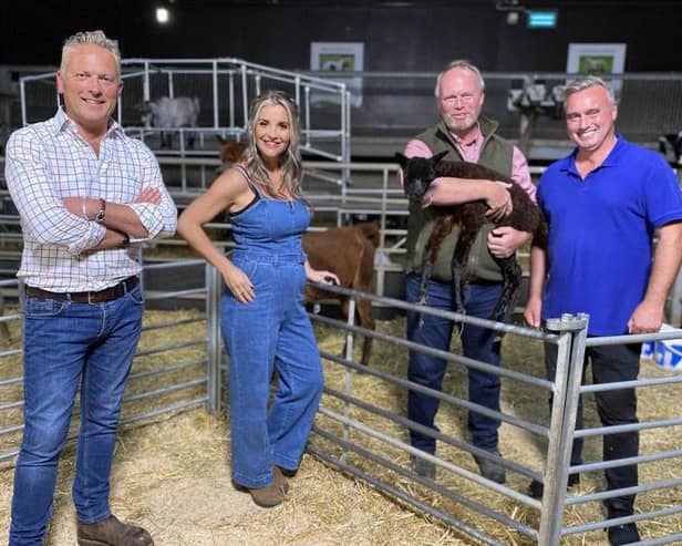 Presenter Jules Hudson and Helen Skelton with Dave and Rob Nicholson 
at Cannon Hall Farm for This Week on the Farm Picture: Channel 5