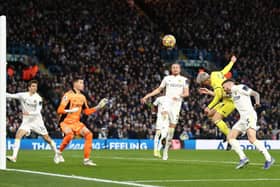 Brentford winger Sergi Canós heads wide during Leeds United's 2-2 draw with the Bees at Elland Road in December 2021. Pic: George Wood.