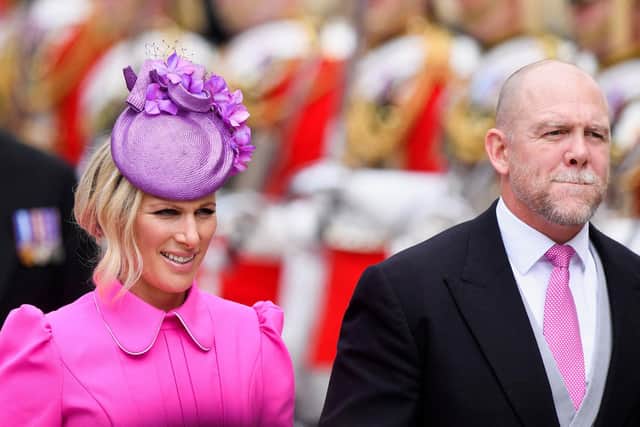 Zara Tindall and her husband Mike Tindall arrive to the National Service of Thanksgiving for The Queen's reign at Saint Paul's Cathedral in London.