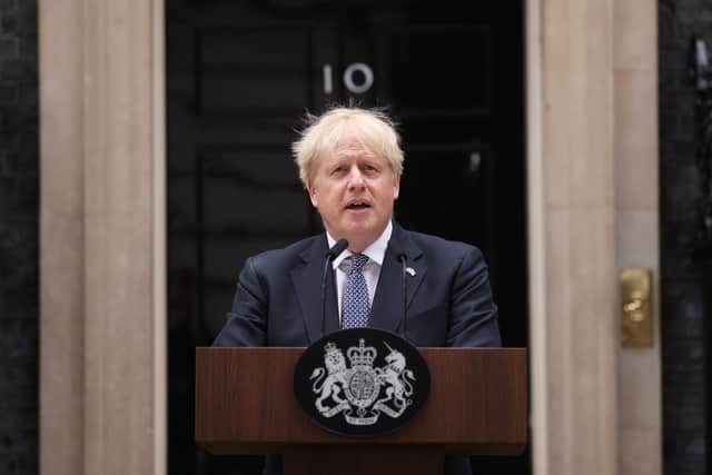 Prime Minister Boris Johnson addresses the nation as he announces his resignation outside 10 Downing Street last week. Picture: Dan Kitwood/Getty Images