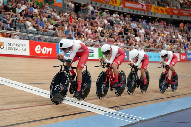 Medal chase: England's Laura Kenny, Josie Knight, Maddie Leech and Sophie Lewis on their way to winning bronze in the Women's 4000m Team Pursuit. Picture: John Walton/PA Wire.