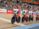Medal chase: England's Laura Kenny, Josie Knight, Maddie Leech and Sophie Lewis on their way to winning bronze in the Women's 4000m Team Pursuit. Picture: John Walton/PA Wire.
