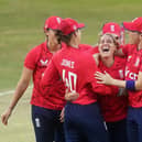 HOWZAT: England's Katherine Brunt, centre, took a wicket with her first ball against Sri Lanka. Picture: PA Wire.