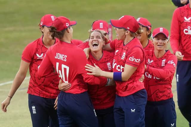 <p>HOWZAT: England's Katherine Brunt, centre, took a wicket with her first ball against Sri Lanka. Picture: PA Wire.</p>